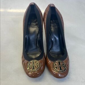 Tory Burch Brown Leather Heels with Signature Medallion